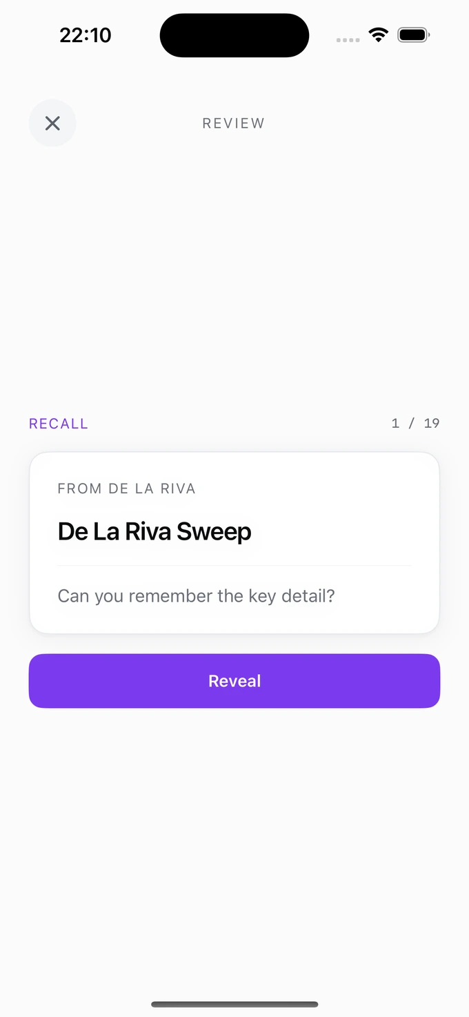 Frame — a recall card: can you remember the key detail of De La Riva Sweep?